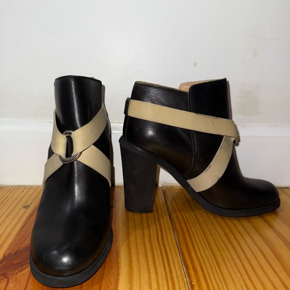 MM6 Maison Margiela black ankle beige bondage heel leather boots silver hardware